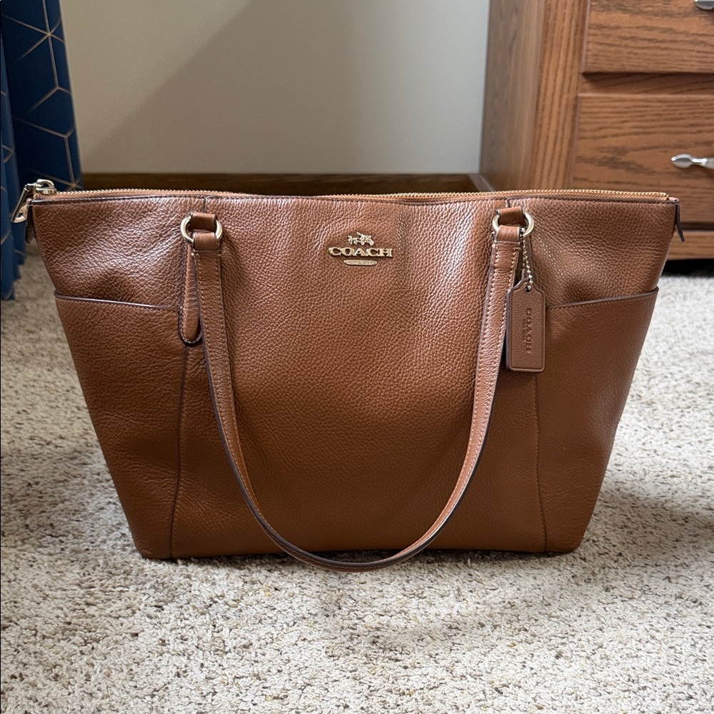 Coach Brown Pebbled Leather Tote with Gold-Tone Logo